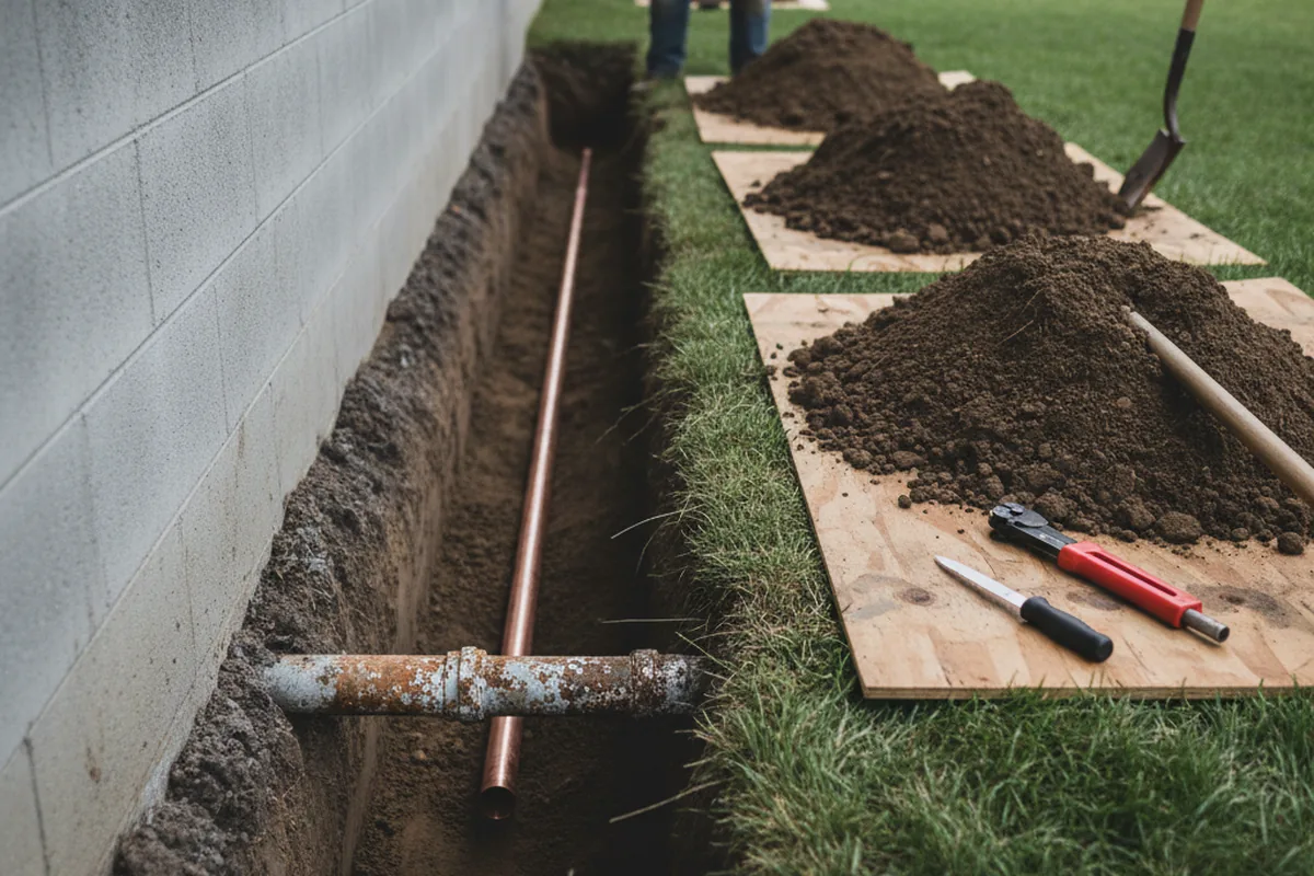 Excavated water line trench during Water Softener Installation in Osage